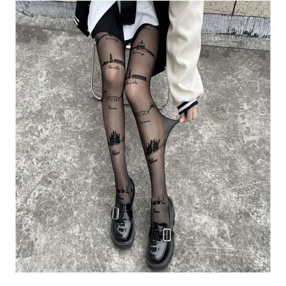 🏙️ Travel Cities Tattoo Printed Tights Black Sheer Nylon Pantyhose Hosiery NEW - Picture 9 of 16